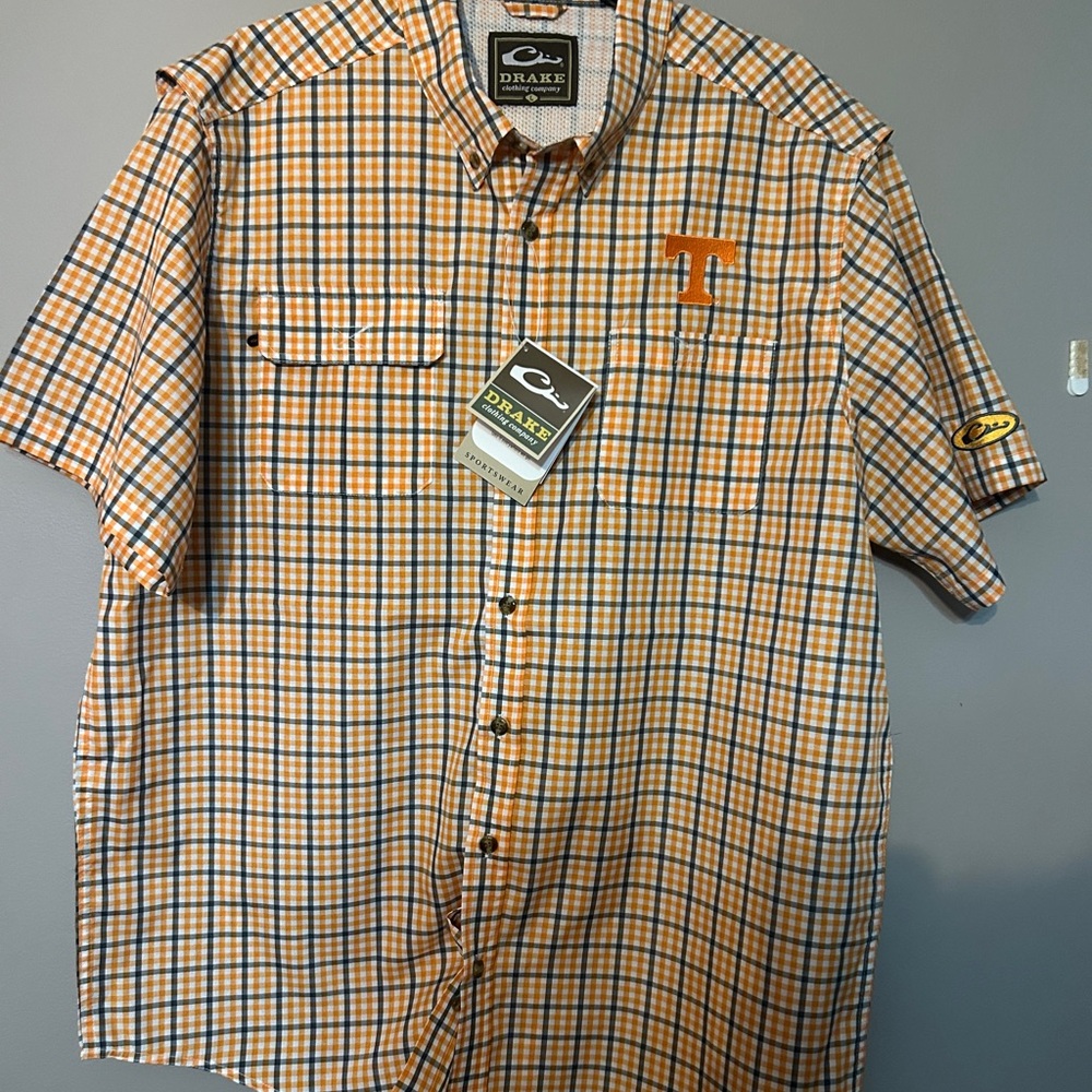 Drake Men's TN Orange and Gray Checkered Shirt